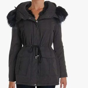 French Connection Black Anorak Coat with Faux Fur Hood. Size XLarge.